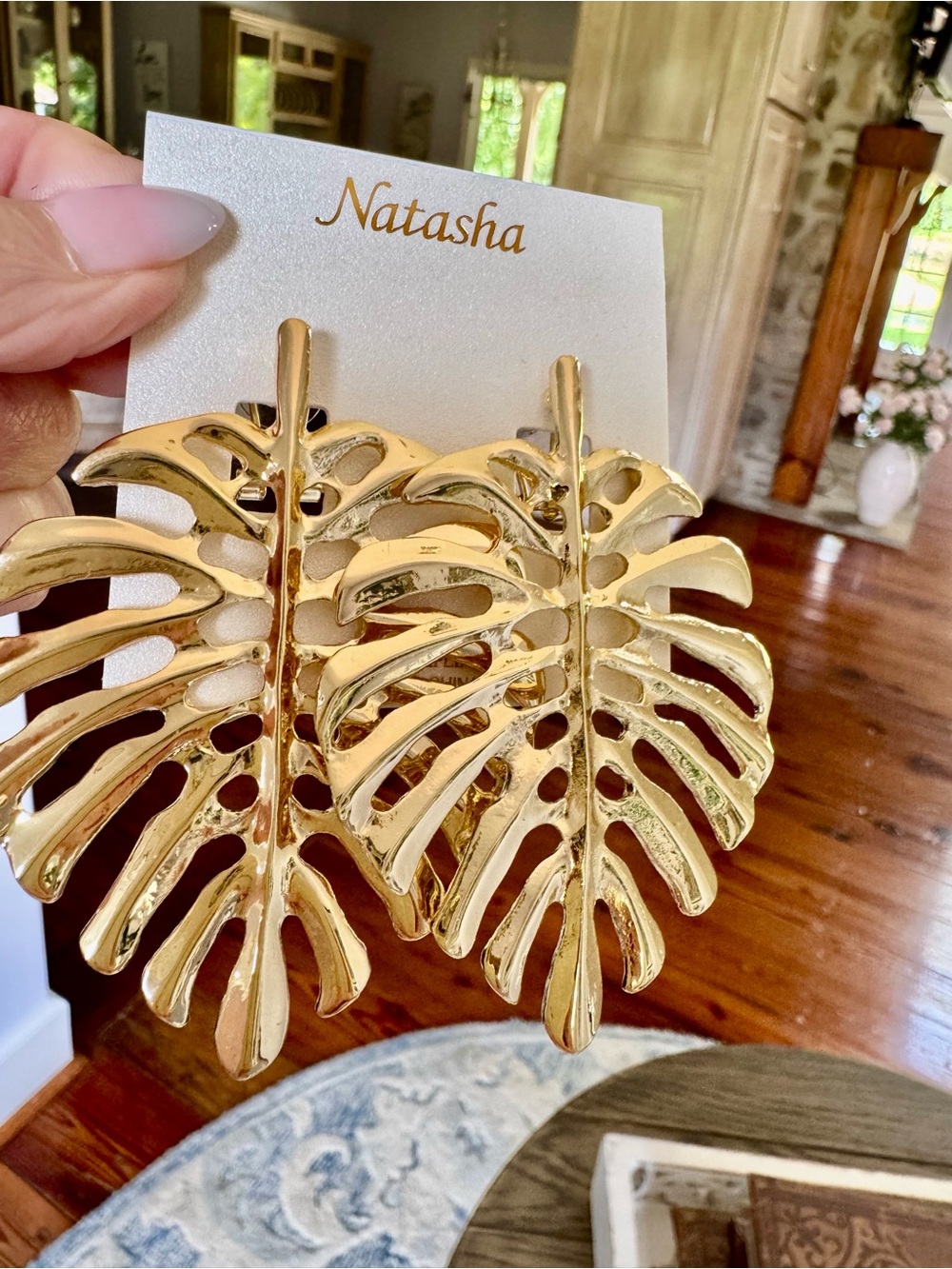 Natasha Couture Gold Monstera Leaf Statement Earrings - Picture 2 of 4